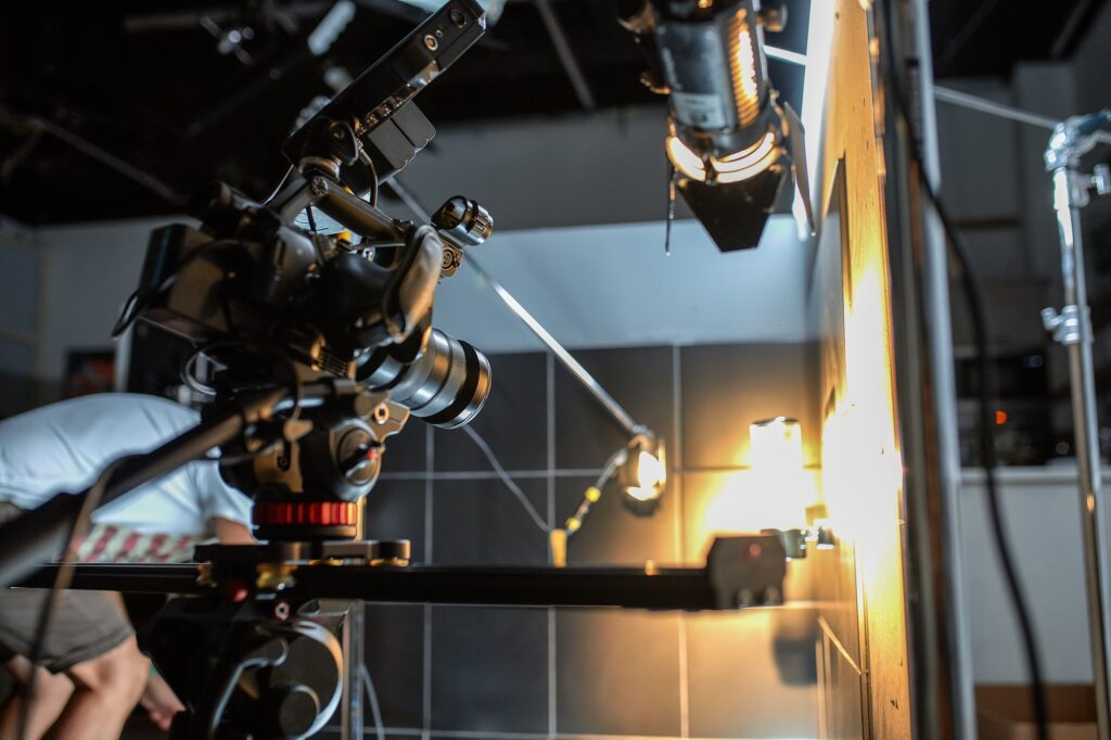 Behind the scenes of filming movies and video products, setting up equipment for shooting video and