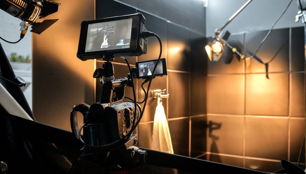 Behind the scenes of filming movies and video products, setting up equipment for shooting video and