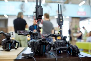 Behind the scenes of video production or video shooting. The concept of production of video content