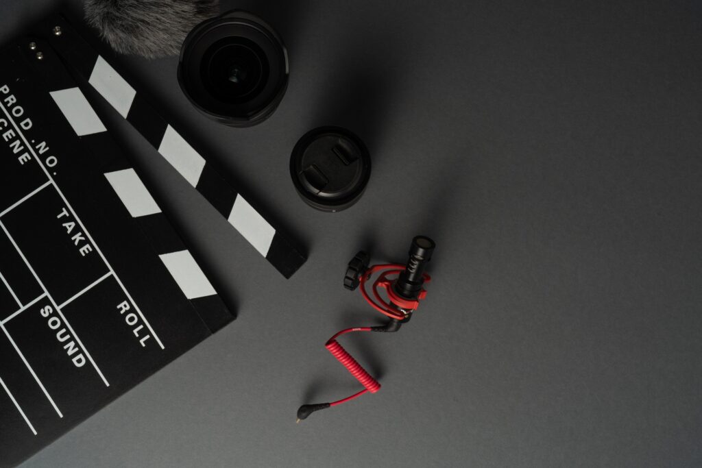 Various video equipment on gray background