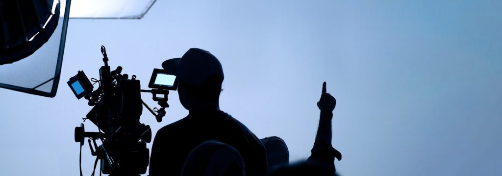 Video production behind the scenes. Making of TV commercial movie that film crew team lightman and c